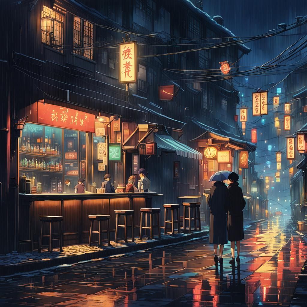 Rainy Night Bar Scene in Anime Style