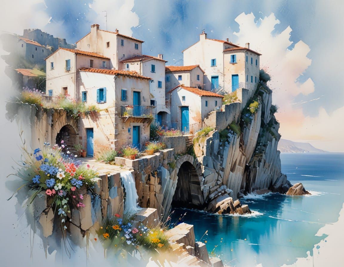 Watercolour Italian Village with Sea View