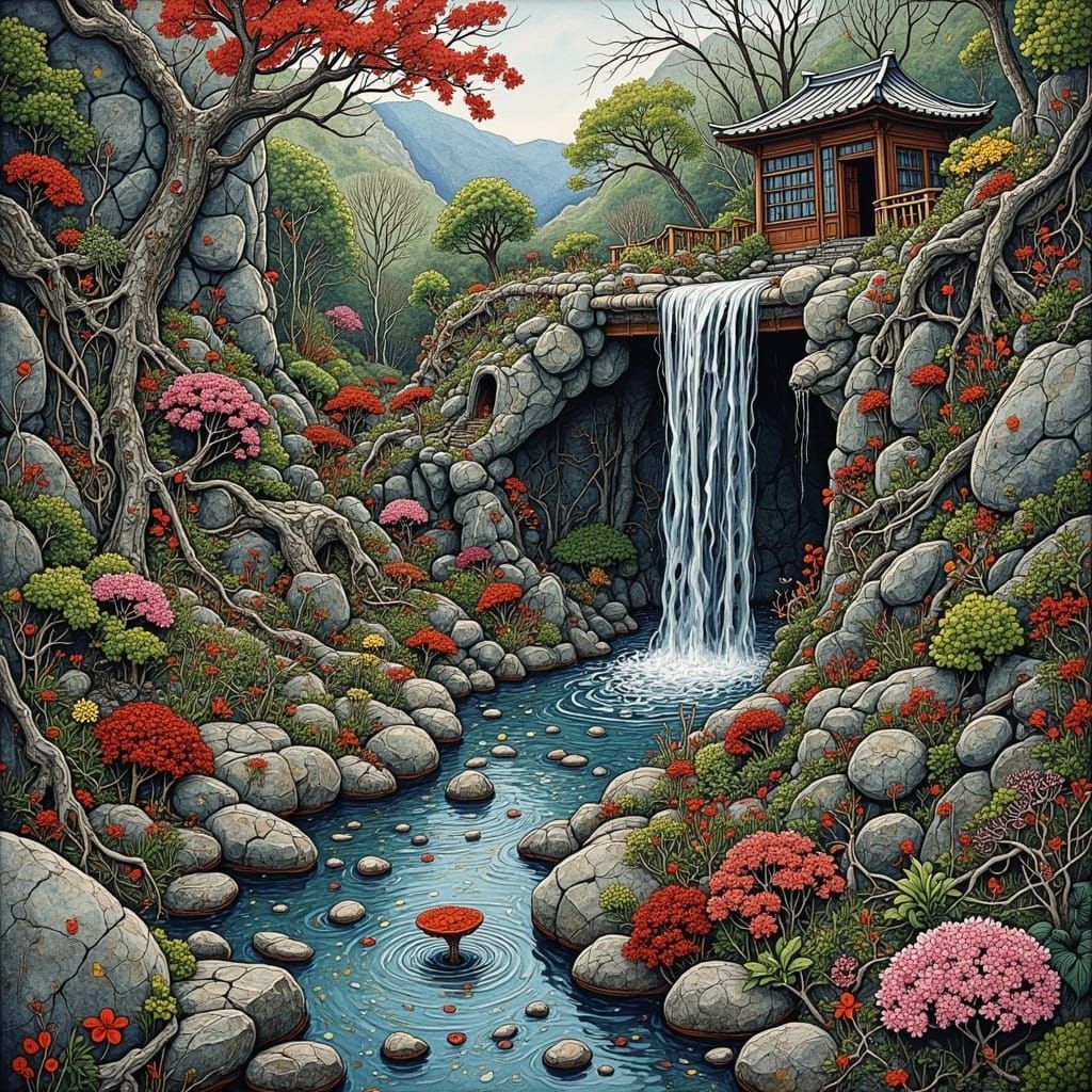 Surreal Planet: Japanese Water Garden in Watercolor