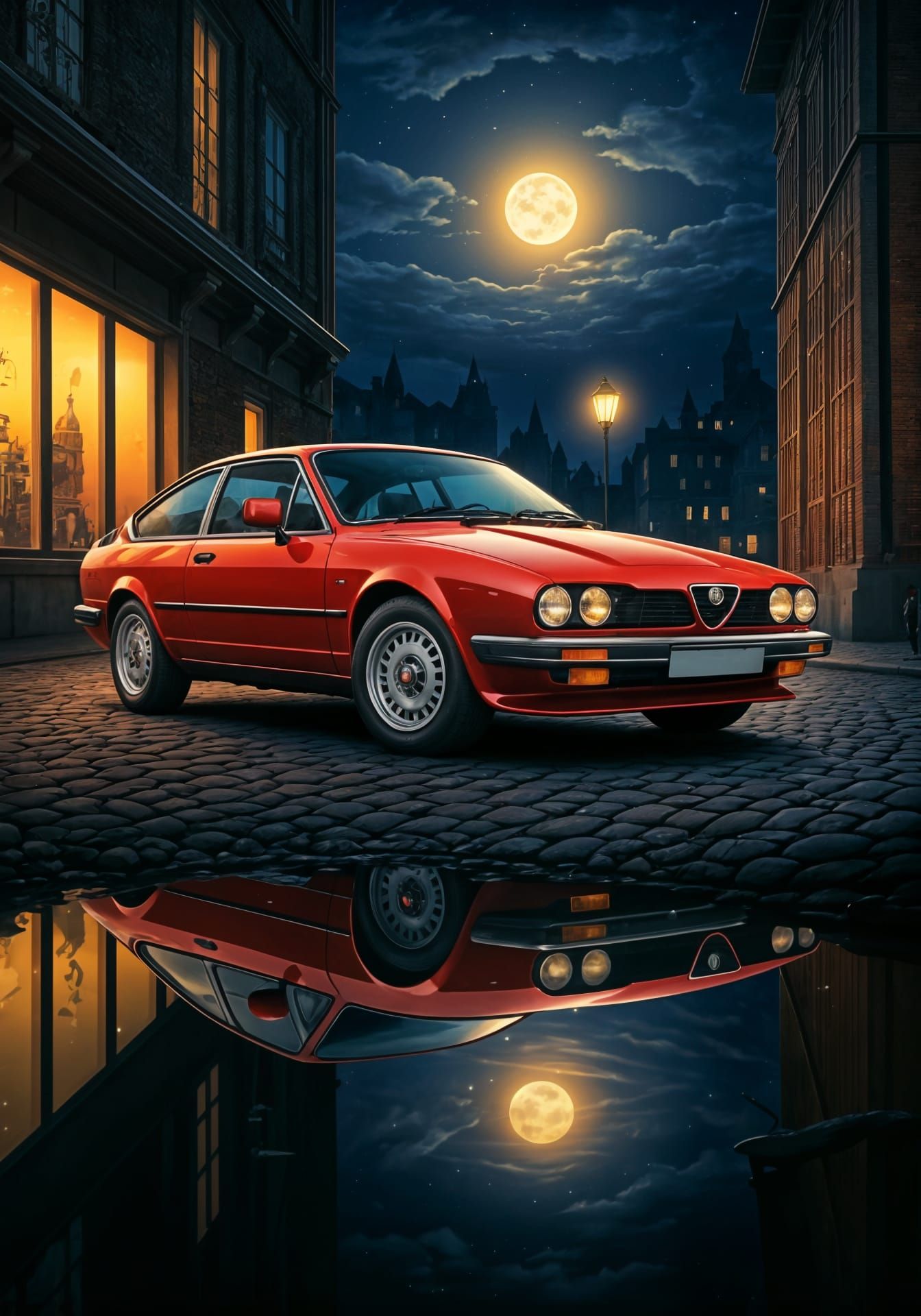 Sleek Red Alfa Romeo GTV6 on Cobblestone Street under Golden...