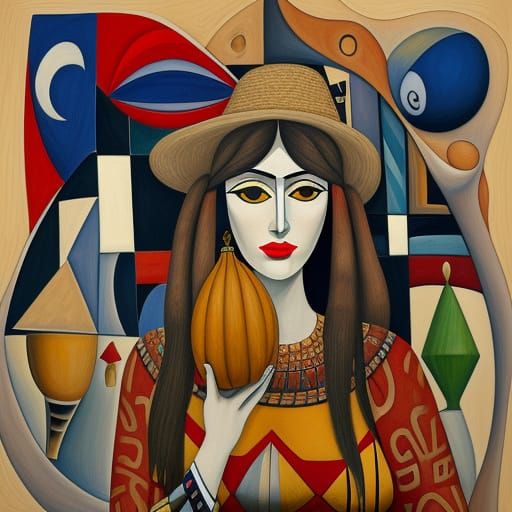 Surreal Cubist Portrait of Uruguayan Woman with Mate Gourd