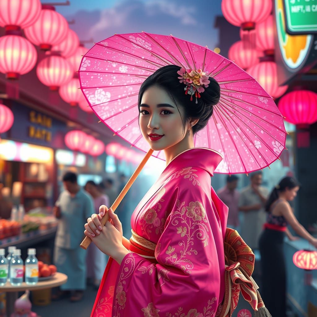 Ethereal Geisha in Vibrant Pink Kimono Strolls through Bustl...