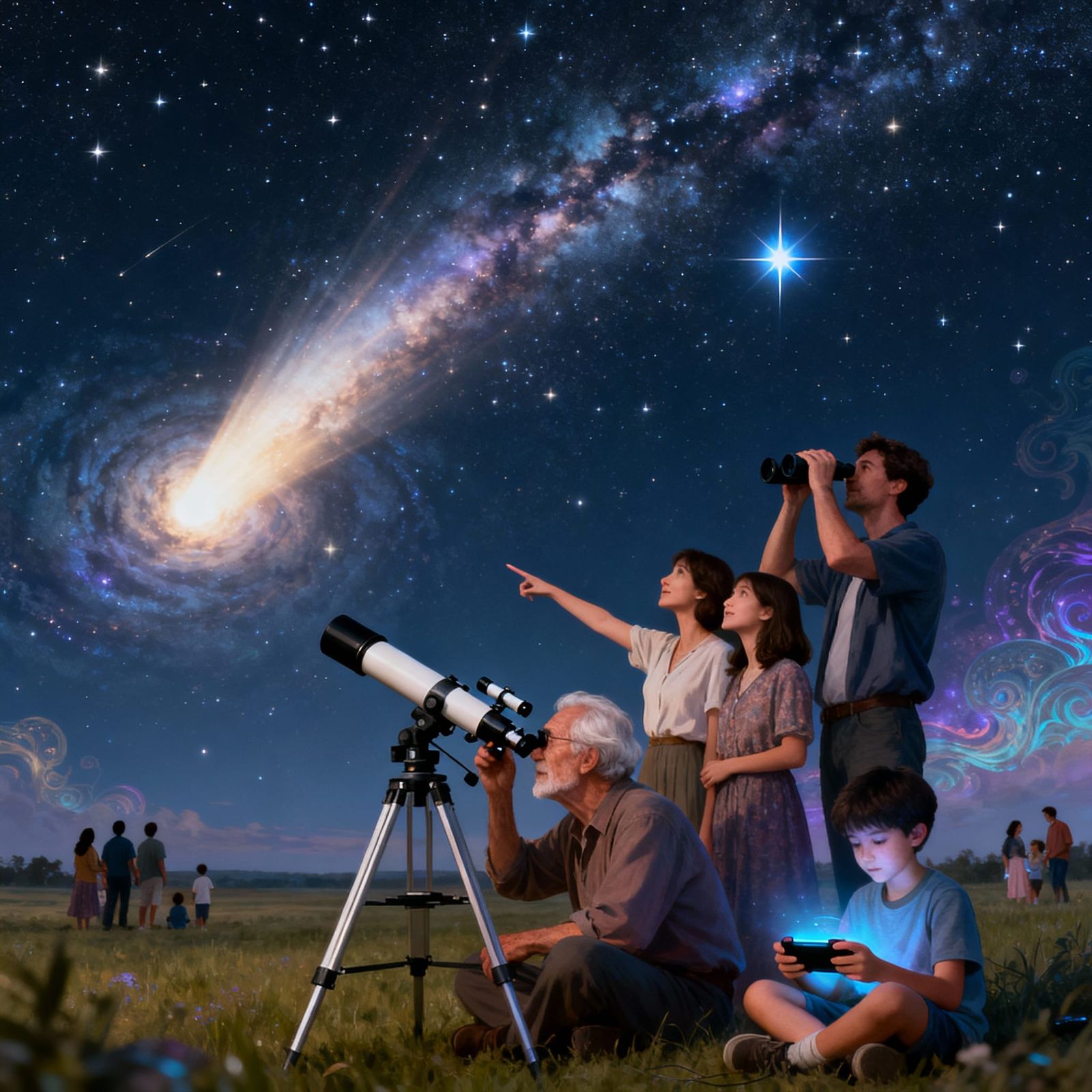 Family Watches Halley's Comet in Starry Night
