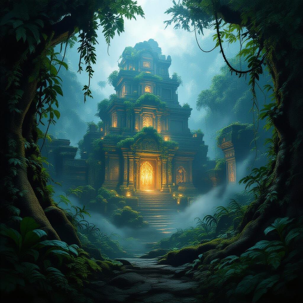 Glowing Lost City in Jungle Mist with Shimmering Runes