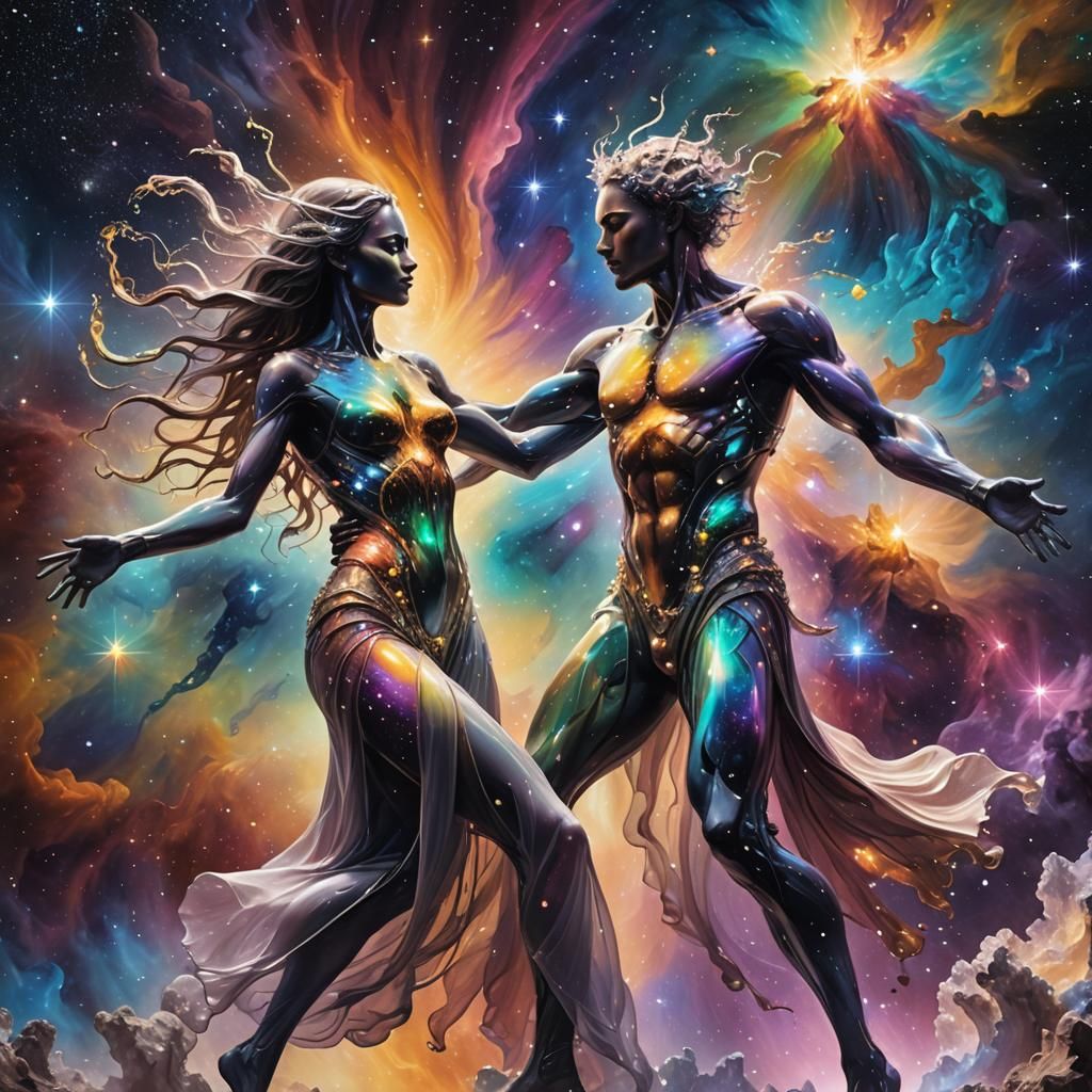 Two spiritual beings, evoking ethereal grace, intertwine in ...