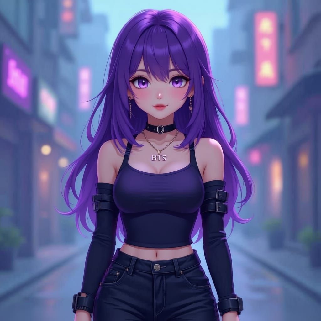 Cute Anime Girl with Purple Hair and Combat Jeans