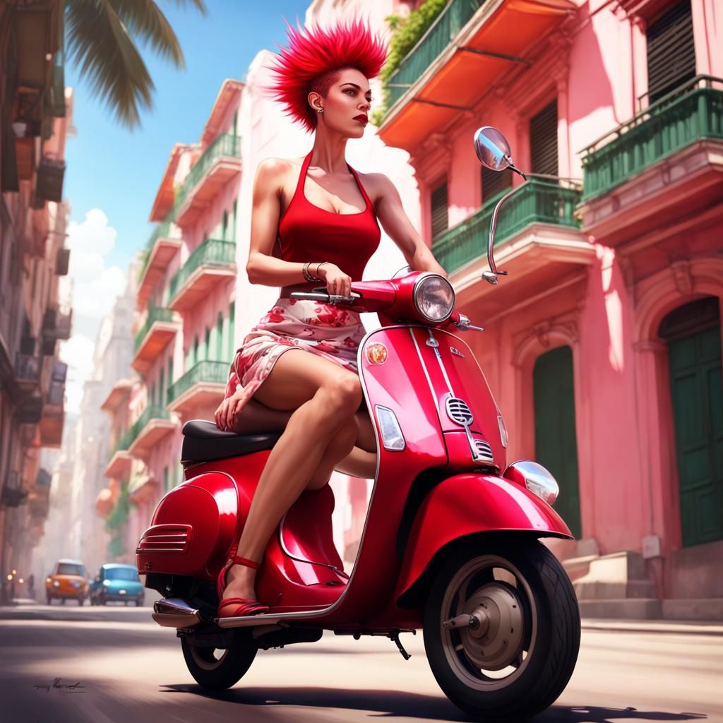 Female Tourist on Vespa in Havana, Hyperdetailed Art