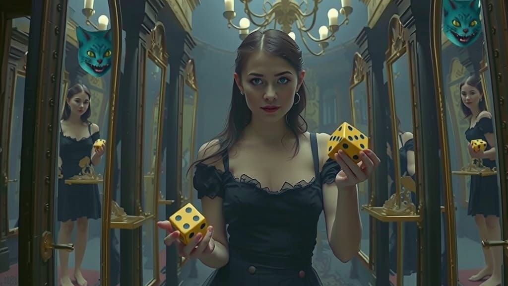 Surreal Dark Alice in Hall of Mirrors with Cheshire Cat