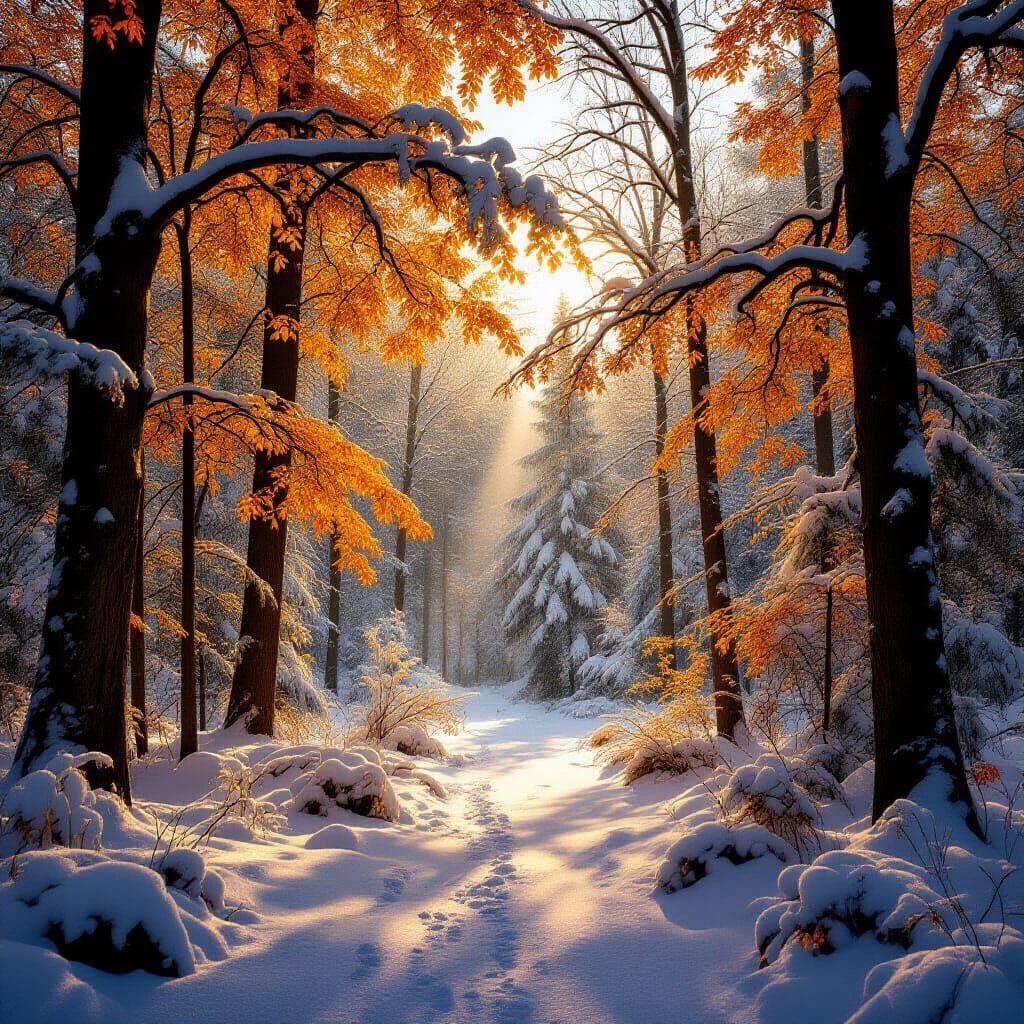 Autumn Snow Forest with Dappled Sunshine