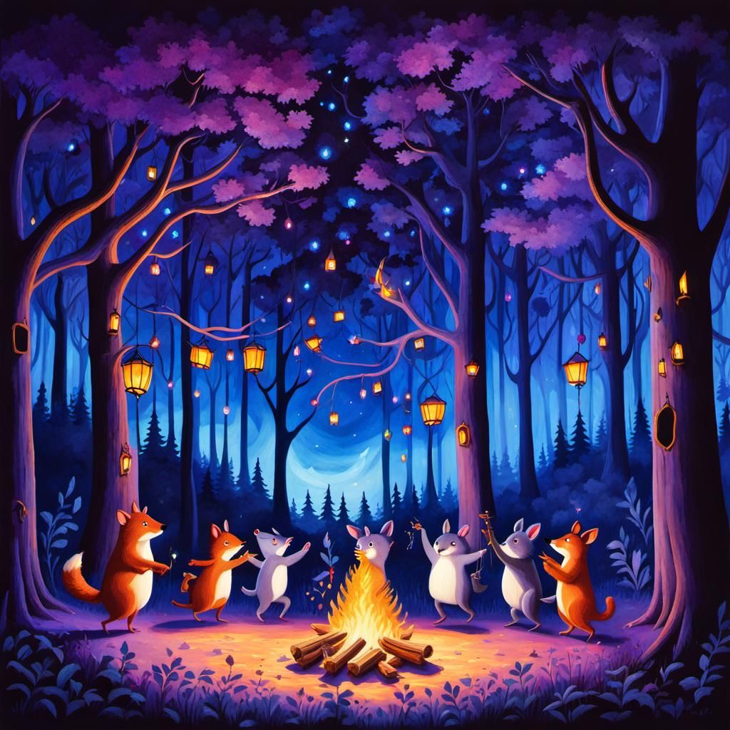 Enchanted Forest Animals Midnight Party in Gouache Style