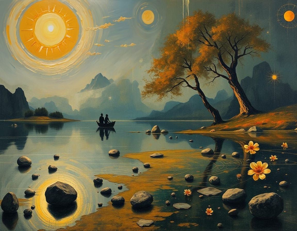 Warm Oil Painting of a Serene Dreamlake Scene