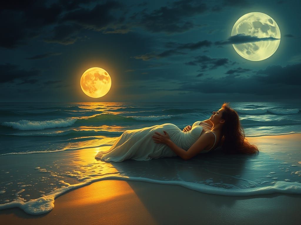Romantic Couple on Moonlit Beach in Luminist Style