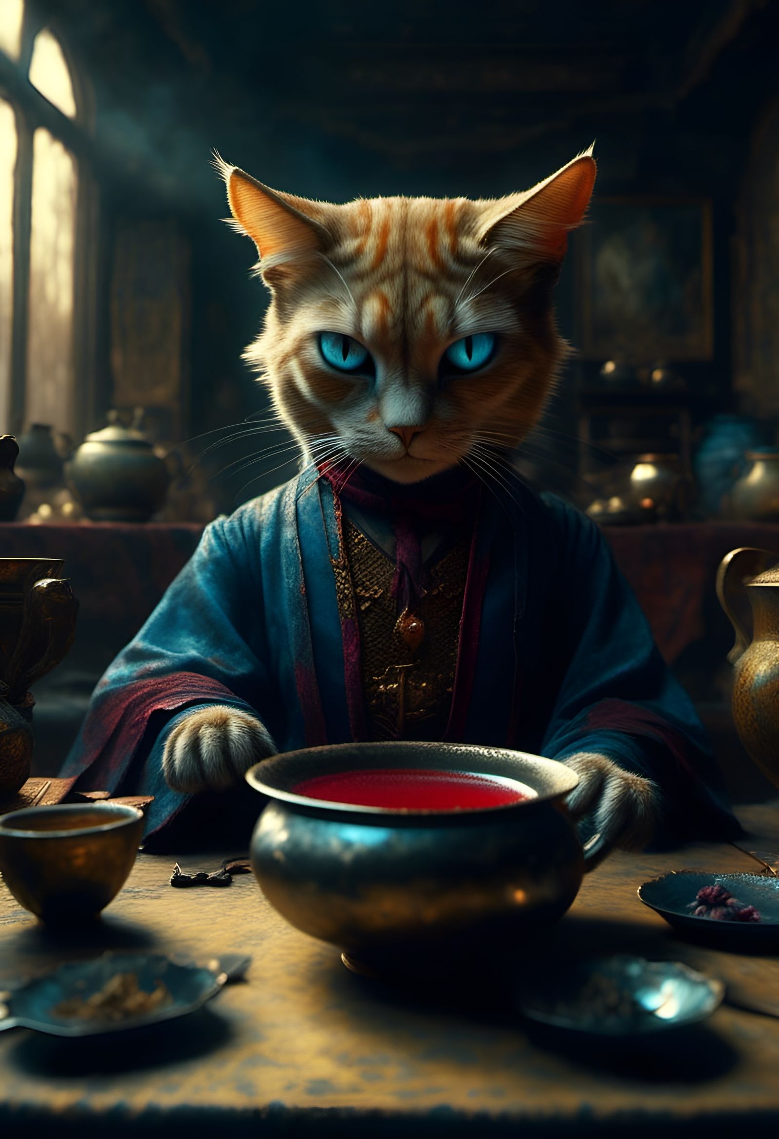 Tea cermony with Zen wizard cat.