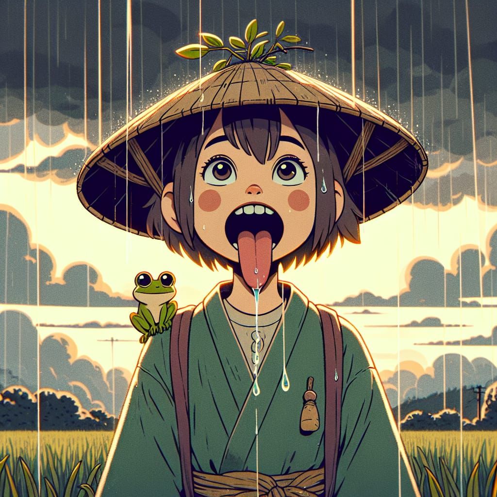 Girl Tasting Rain with Frog in Manga Style