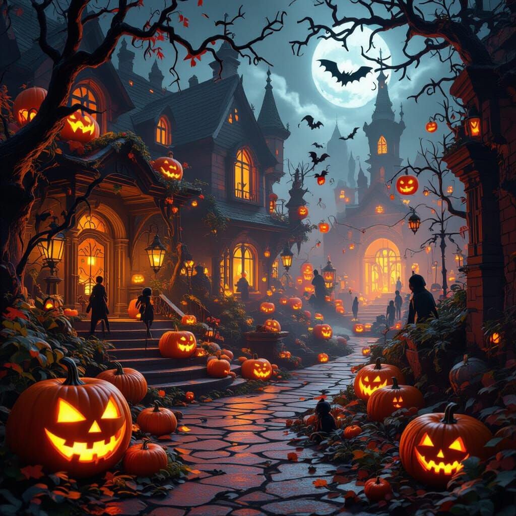 Vibrant Halloween Party Scene With Fantastical Elements