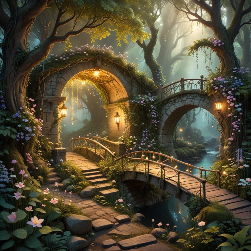 Whimsical Woodland Bridge in Soft Pastel Hues