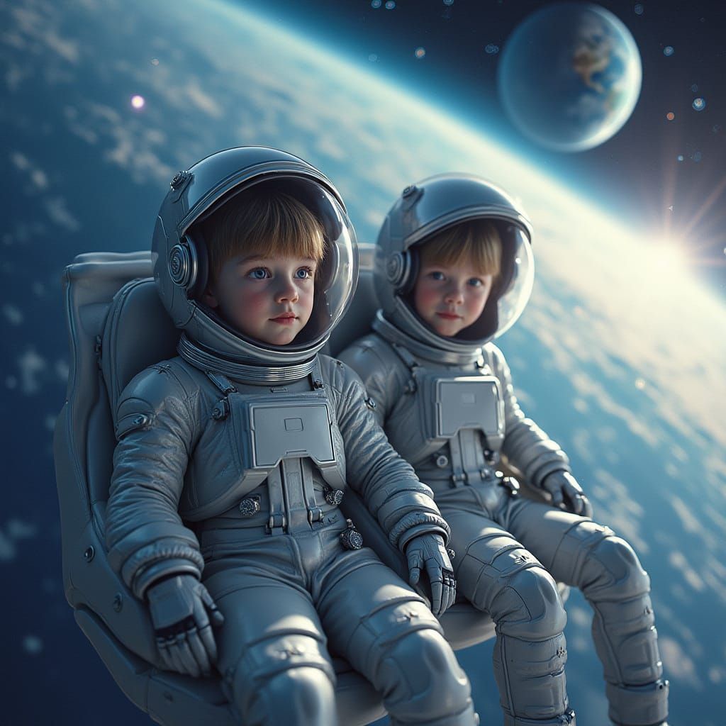 Children in Space Suits Floating Near Earth