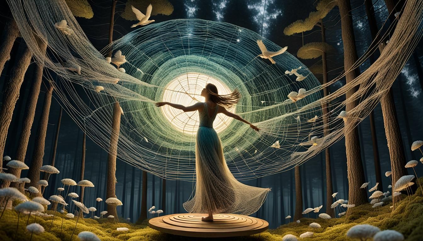 String Woman Dancing with Birds in a Flower Network