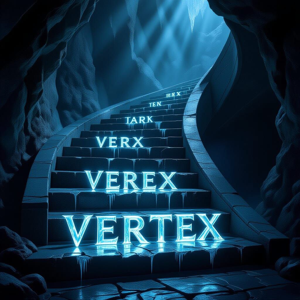 Winding Staircase with Ice Letters in Epic Fantasy Style