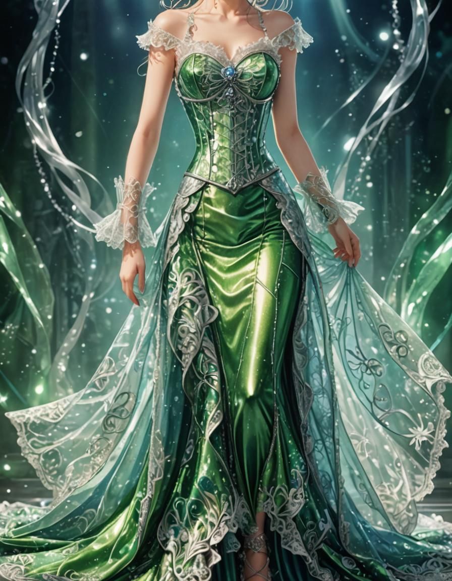Metallic Green Fantasy Dress in Vibrant Manga Style