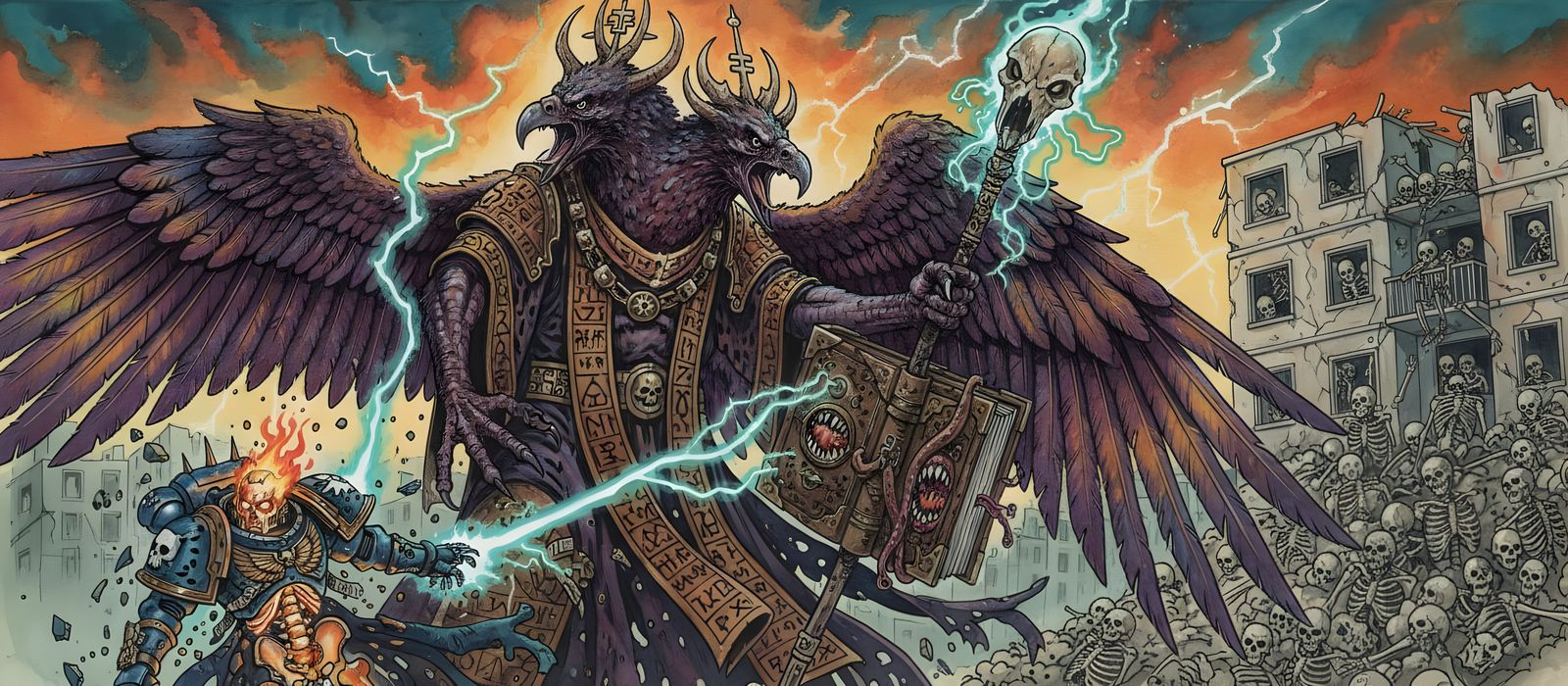 John Blanche Style Daemon Lord of Change Attacks Ultramarine