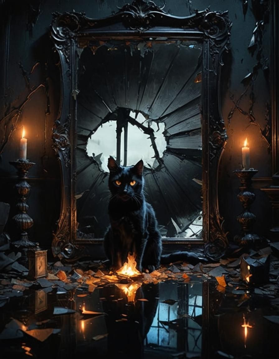 Sinister Black Cat in Broken Mirror