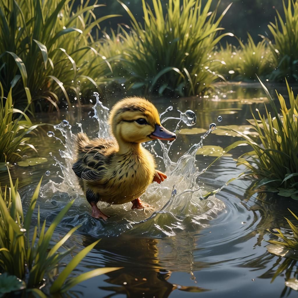 Yellow Duckling Runs Through Pond: Fantasy Concept Art
