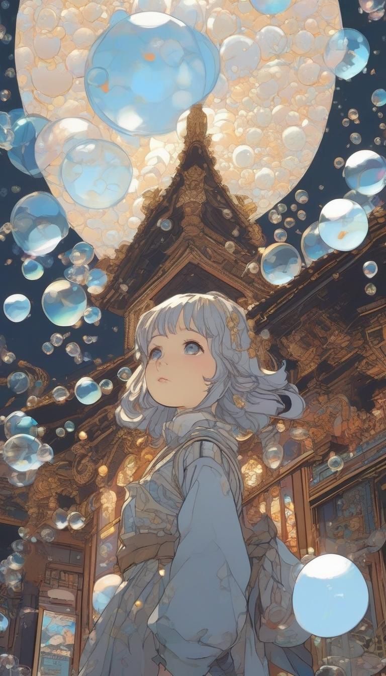 Dreamcore Girl in Bubble Cloudscape, Anime Style