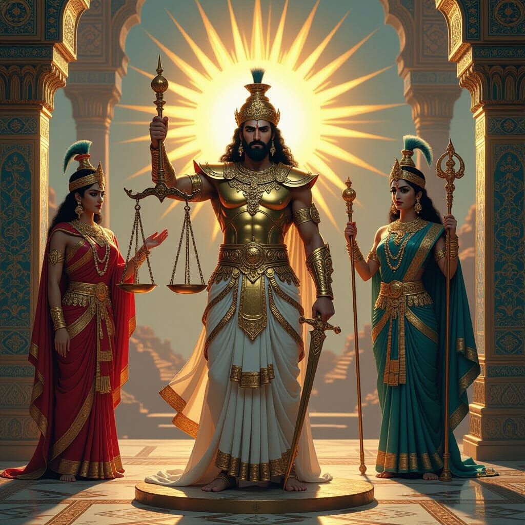 Regal Mithra with Scales of Justice in Diptych Illustration