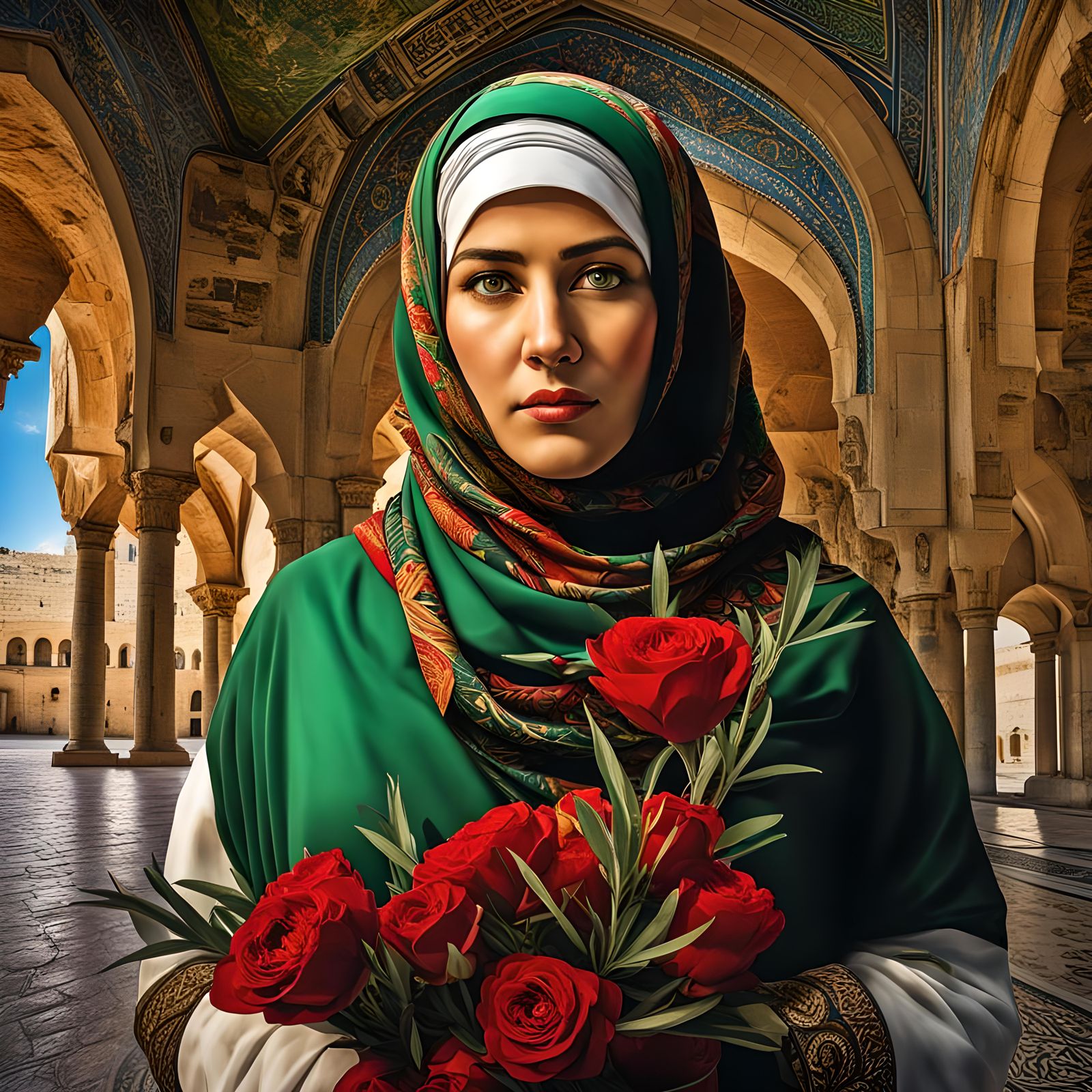 Mother Palestine with Olive Branches, Hyperrealistic Digital...