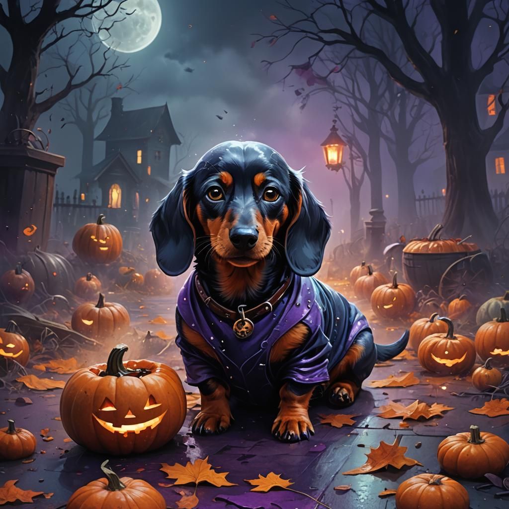 Ghostly Dachshund with Pumpkin Bucket: Fantasy Art