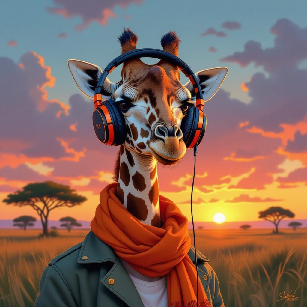 Giraffe with Headphones in Dreamy Lighting