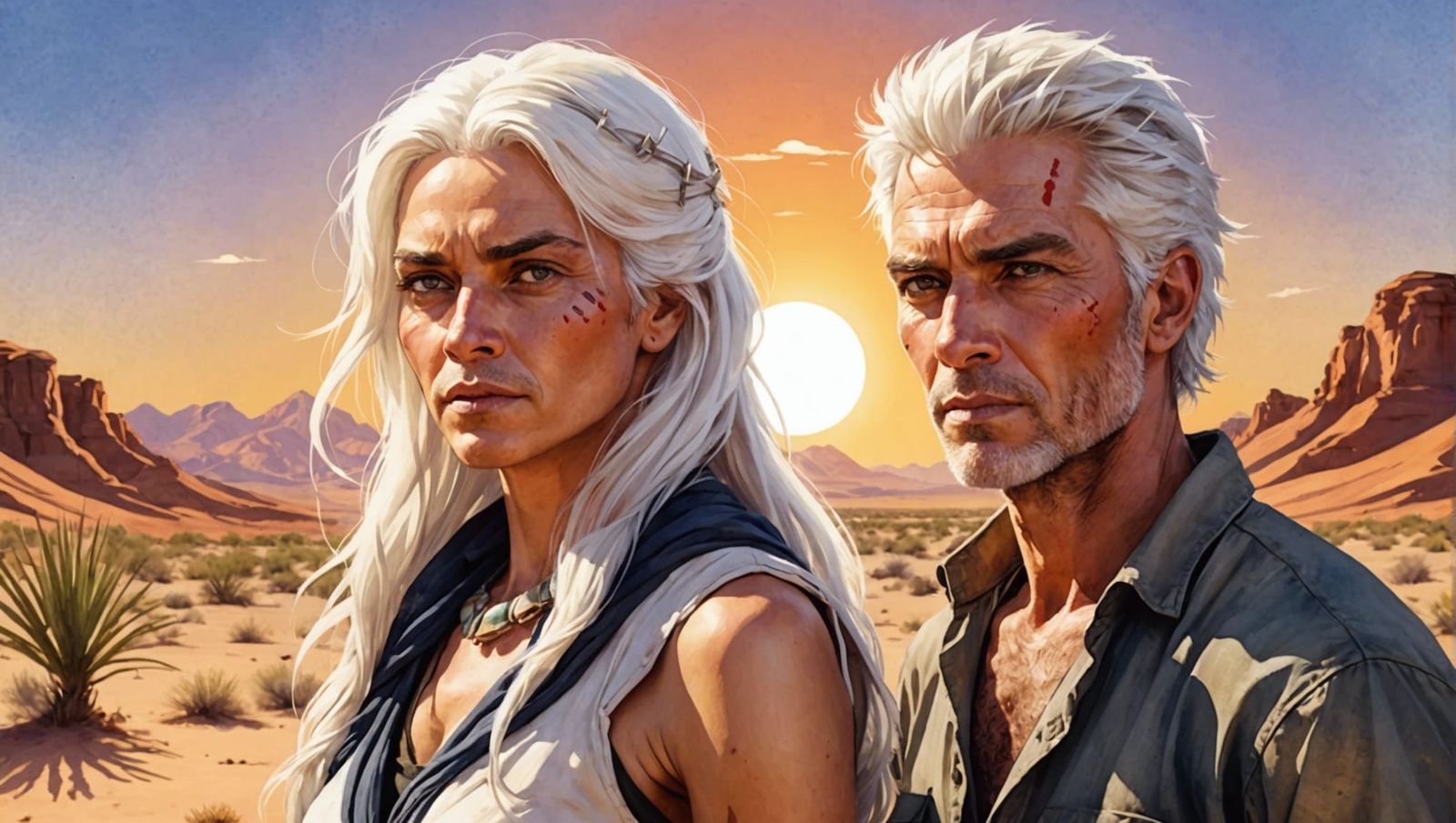 Dangerous Couple in Desert Oasis, Watercolor Cartoon