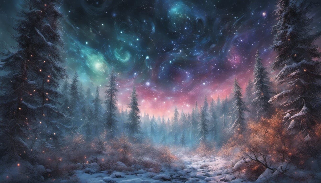 Vibrant Night Sky Over Winter Forest: Digital Art