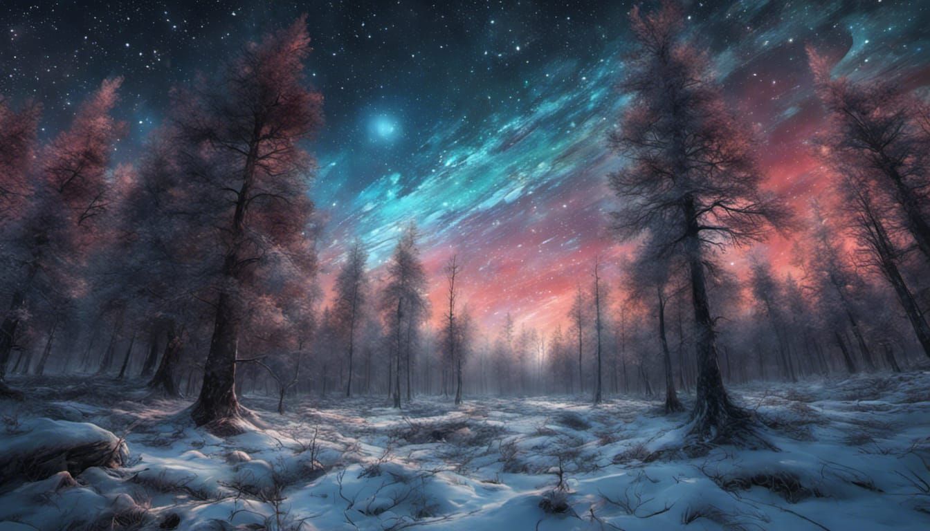 Night Sky Over Winter Forest in Stained Glass Style