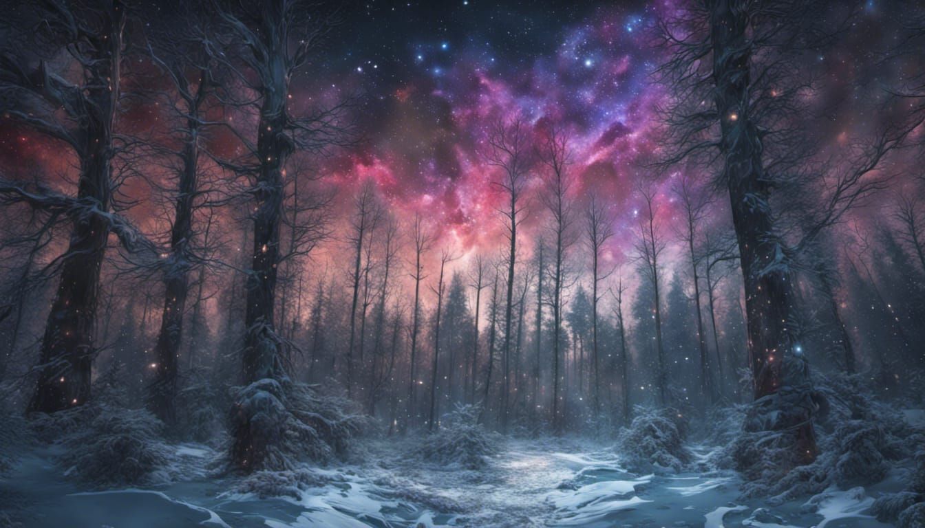 Night Sky Over Winter Forest in Stained Glass Style