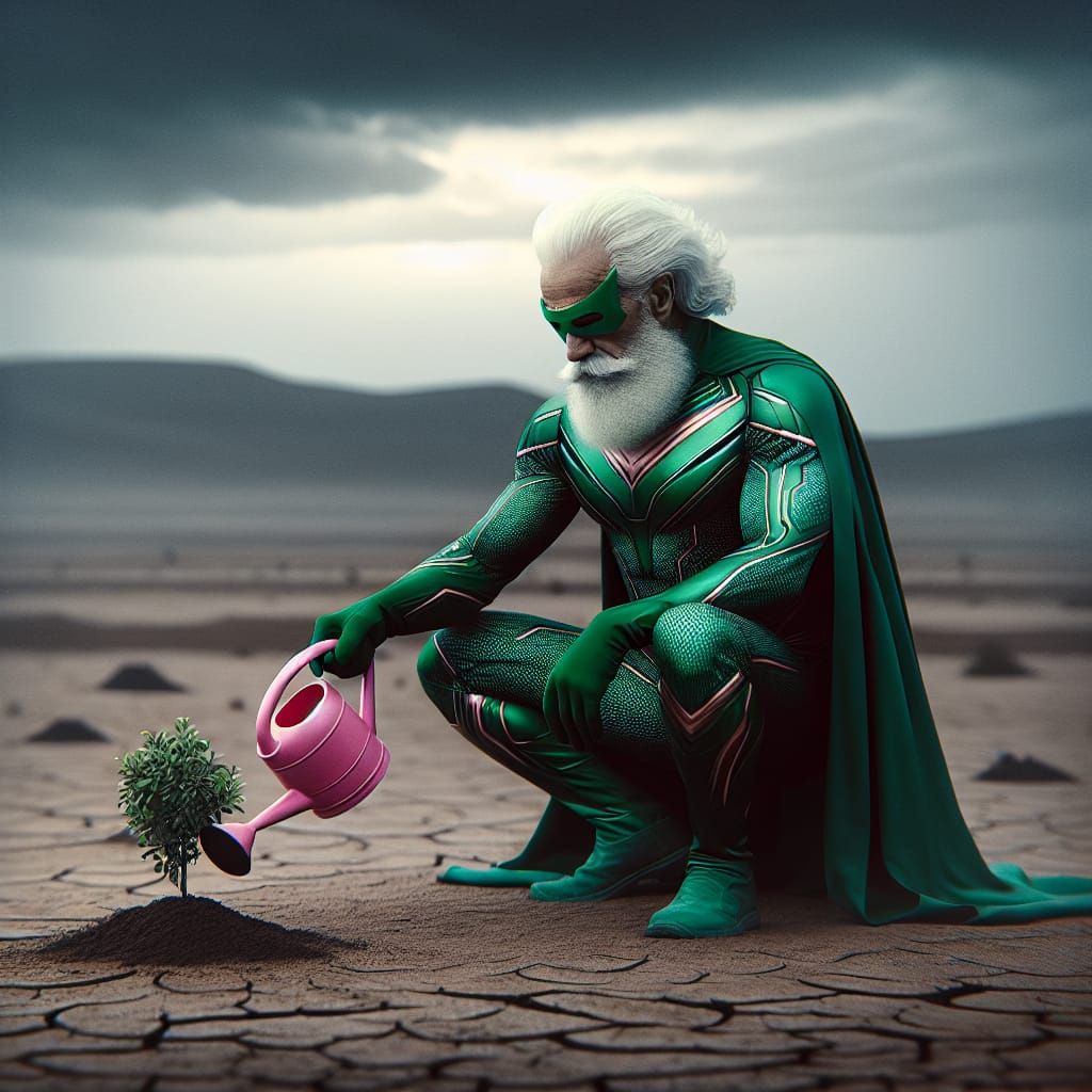 Elderly Superhero Nurturing Desert Life