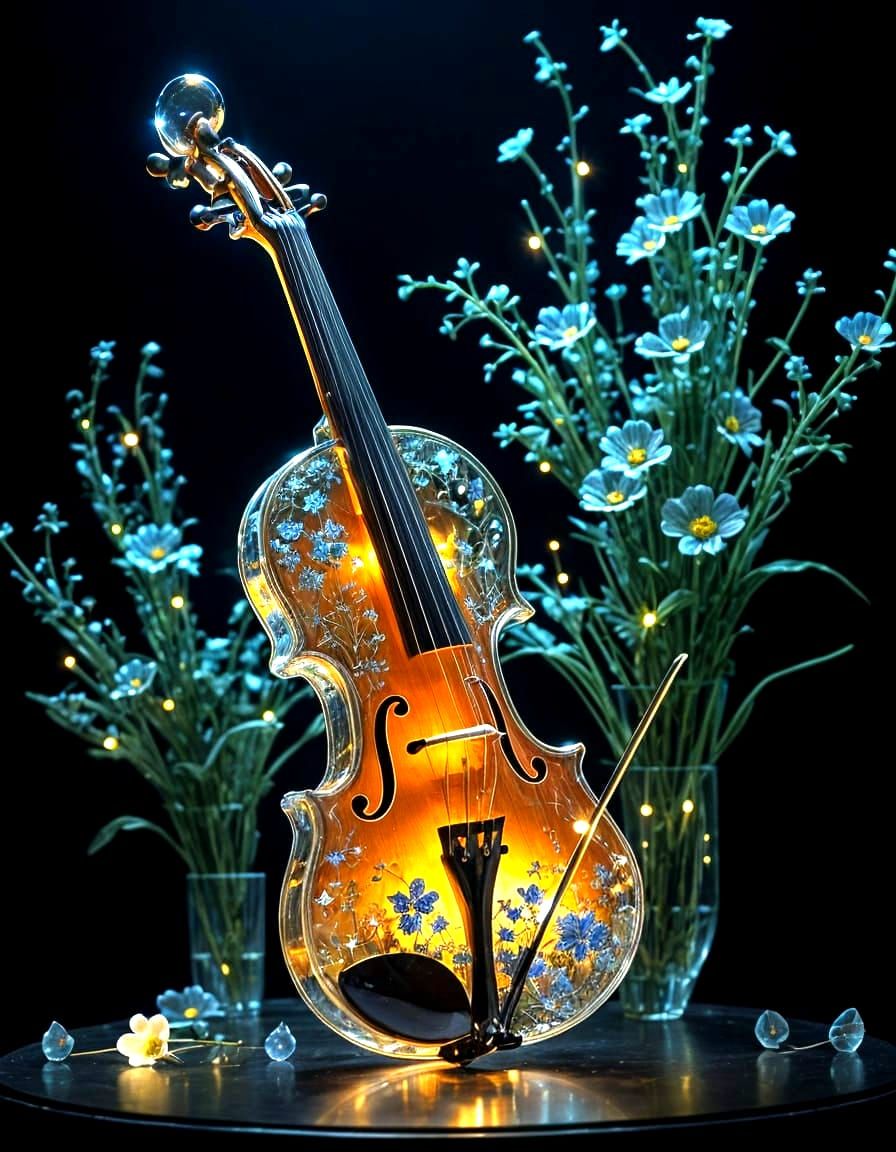 Bioluminescent Crystal Glass Violin with Fireflies