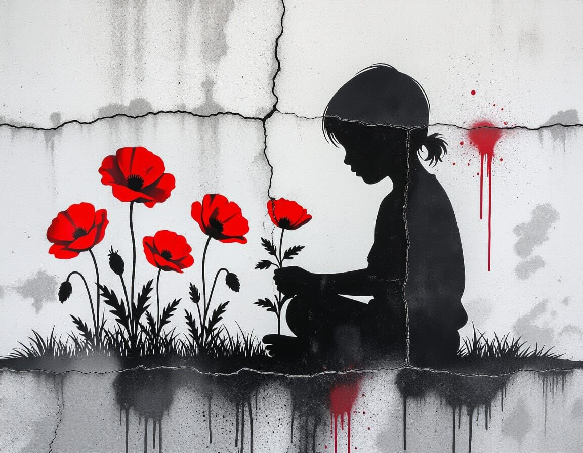 Meditating Child Planting Poppies Stencil Art