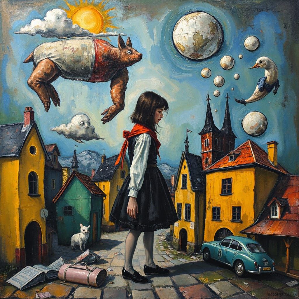 Dejected Figure in Whimsical Townscape Oil Painting