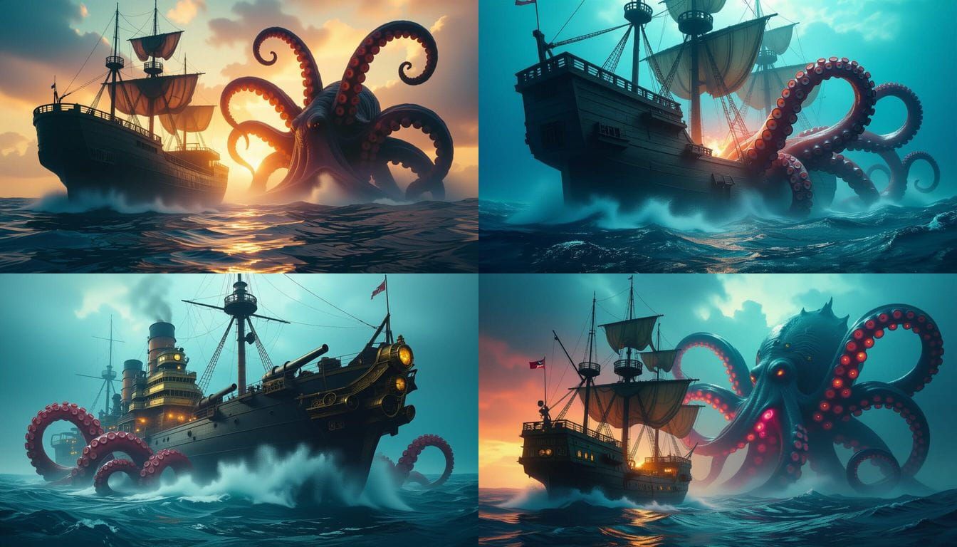 Massive Ship Under Attack by Giant Squid in Deep Ocean