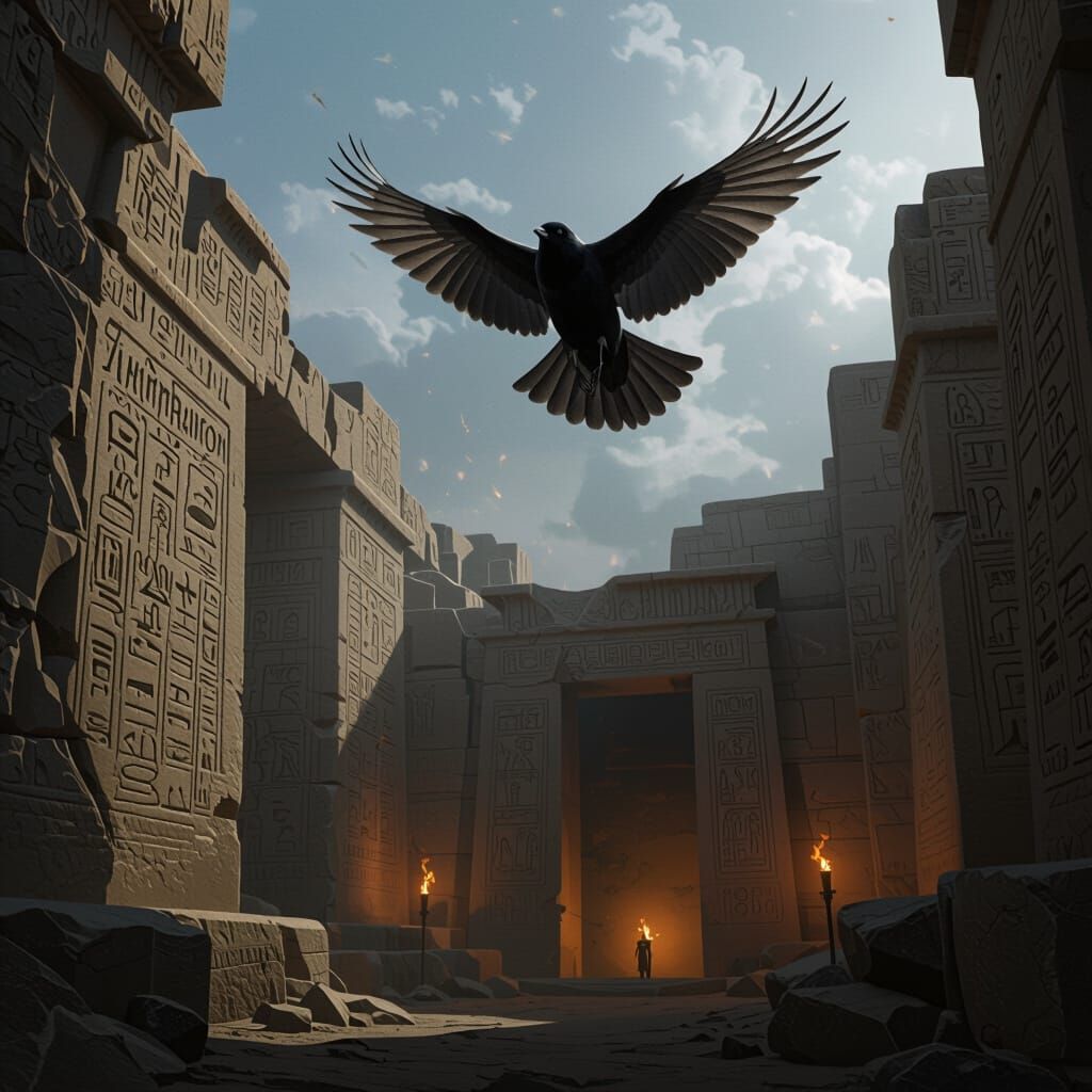 Black Sparrow Over Ancient Ruins With Hieroglyphic Name