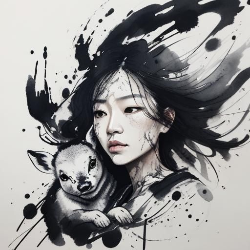 Asian Woman with Deer in Expressive Gesture Drawing