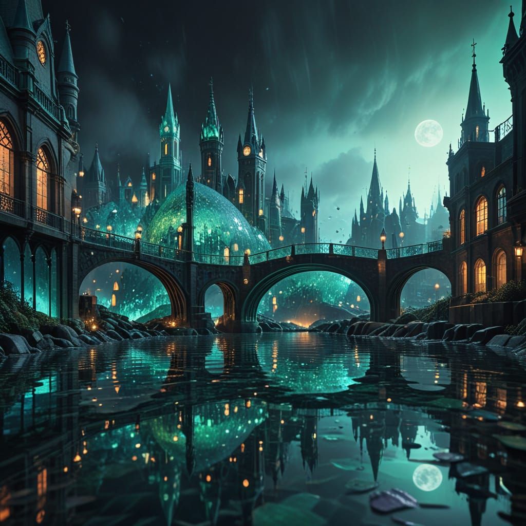 Fantastical Sea Glass Cityscape Under Moonlight