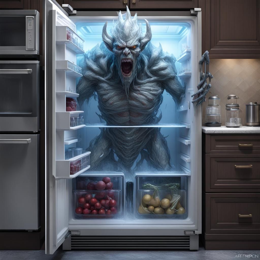 ice demon coming from inside a refrigerator