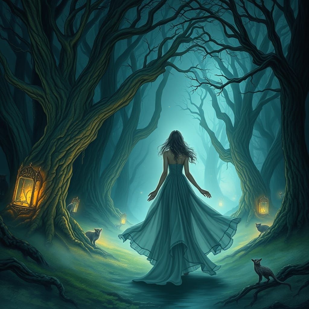 Enchanted Forest: Mystical Woman Among Glowing Trees