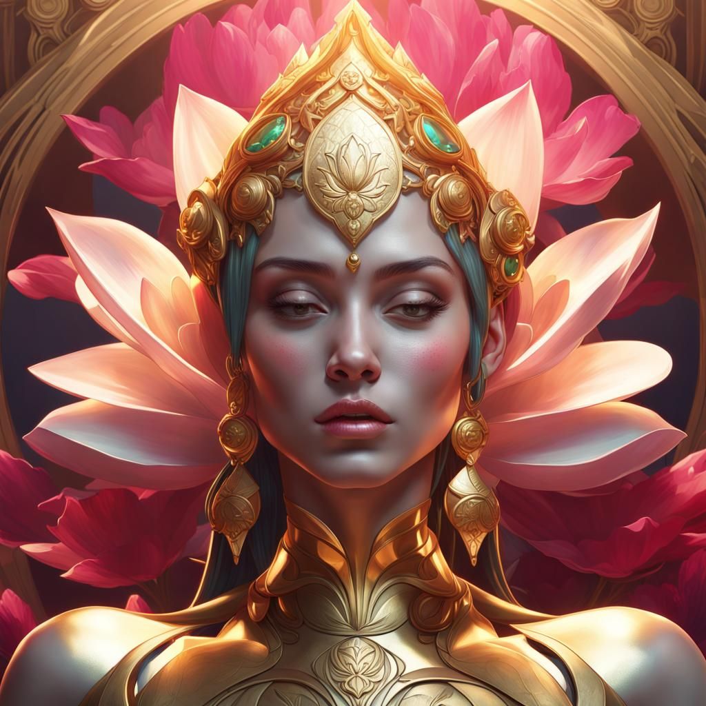 Golden Lotus Flower Portrait in Art Nouveau Style