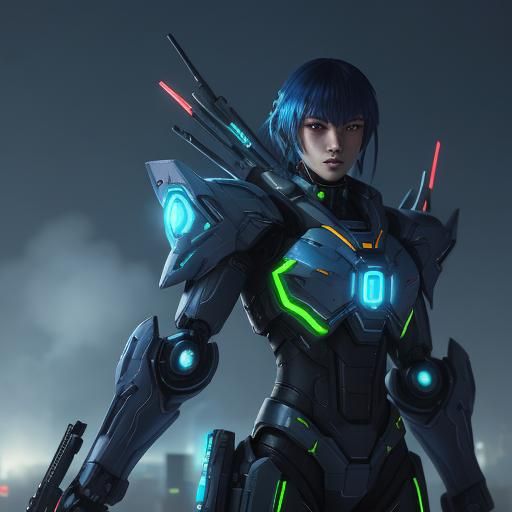 Cyberpunk Woman Soldier in Neon Cityscape