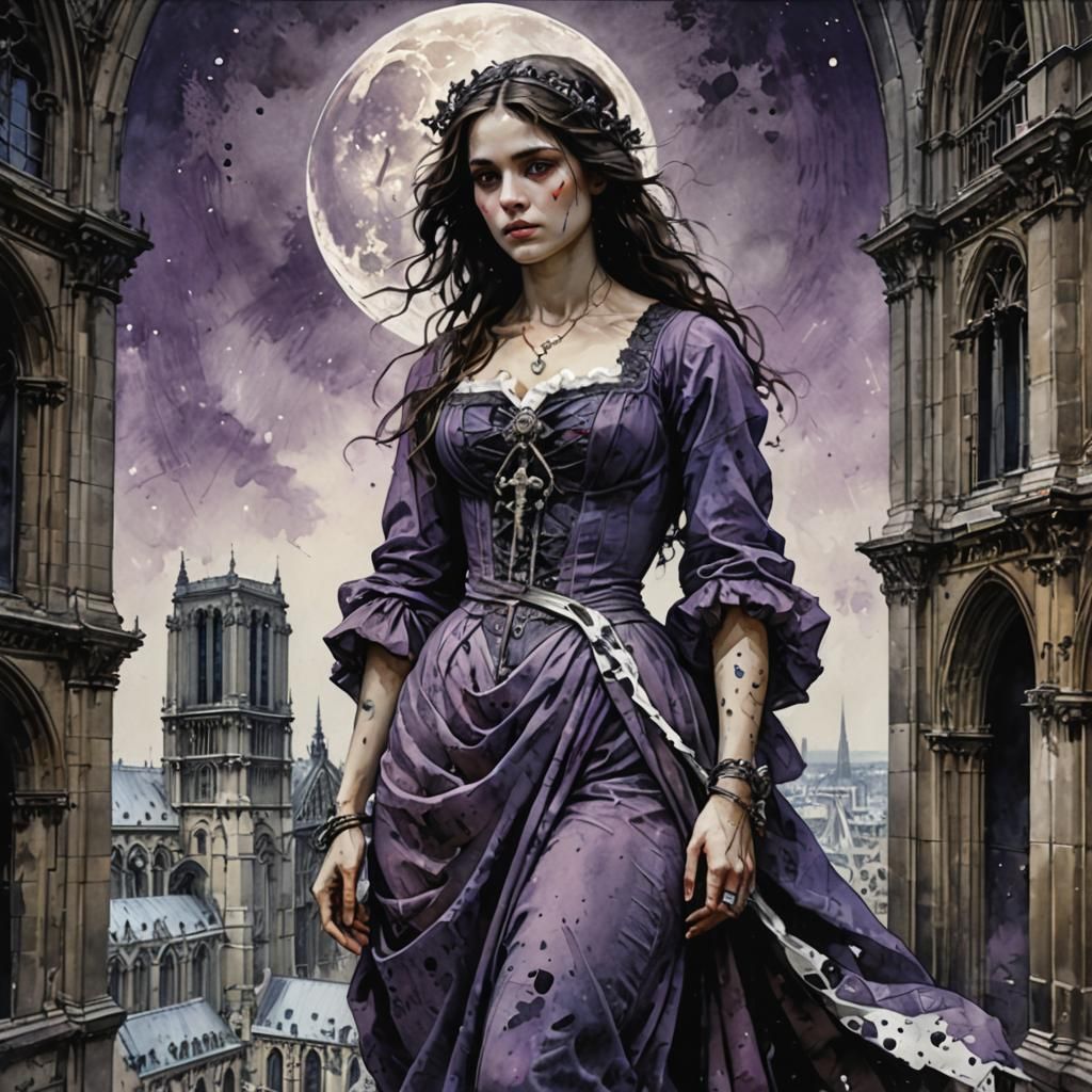 Zigana Woman at Notre Dame: Purple Watercolor Painting