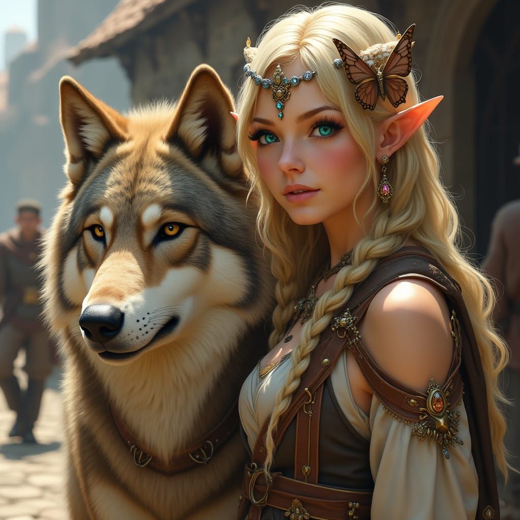 Medieval Fantasy Elf Maiden with Loyal Wolf Companion